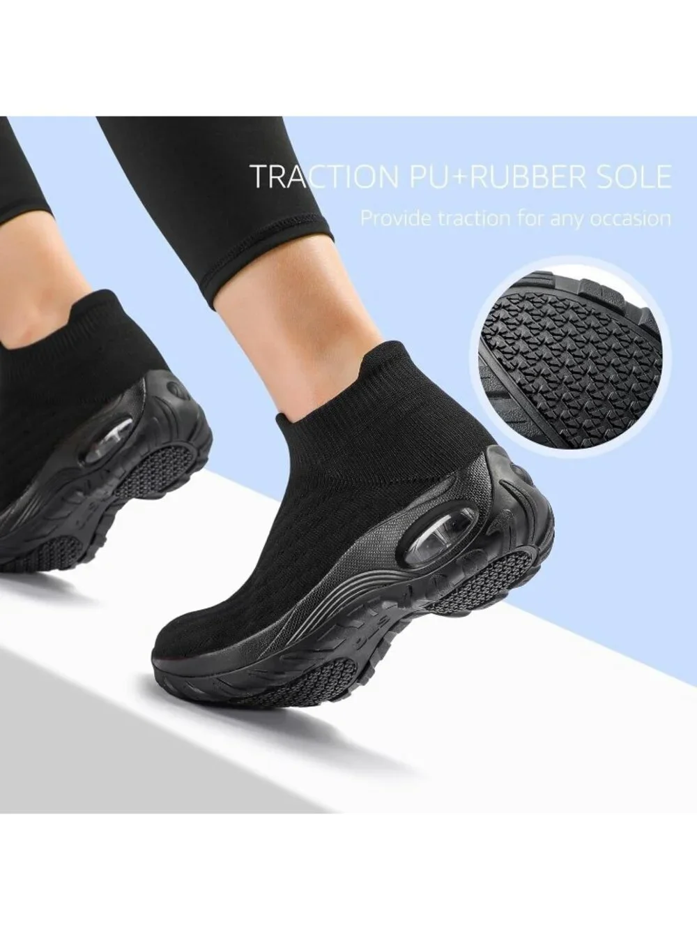 Women's Black Lug Walking Arch Support Non Slip Breathable Upper Sneaker Shoes